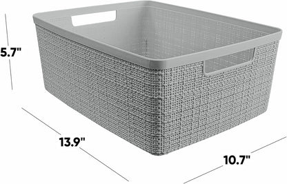 Curver Set of 4 Large 20L Jute Decorative Plastic Organization and Storage Baskets - Perfect Bins for Home Office, Closet Shelves, Kitchen Pantry and All Bedroom Essentials, White