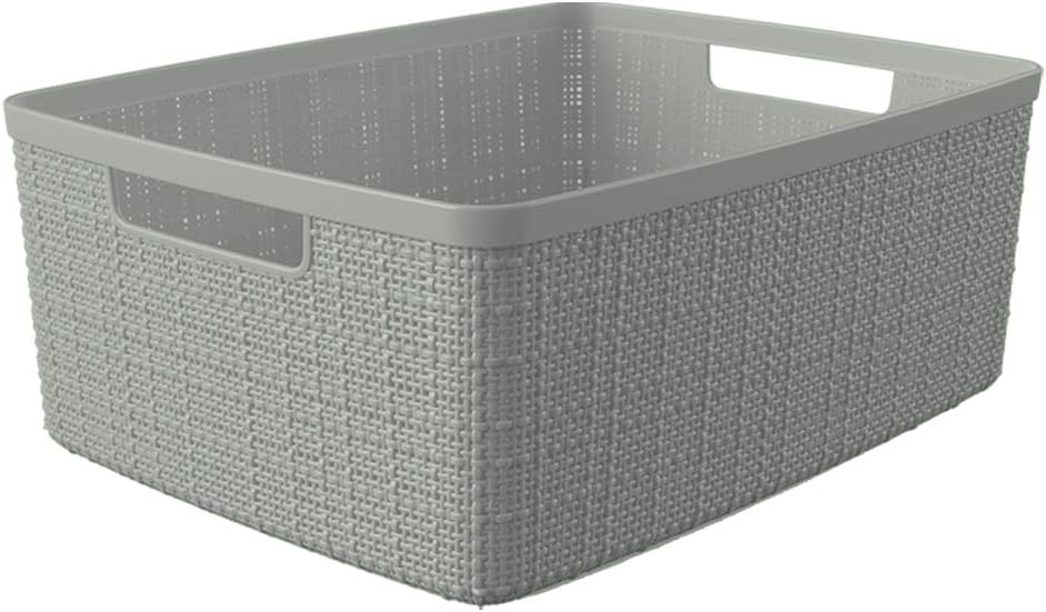 Curver Set of 4 Large 20L Jute Decorative Plastic Organization and Storage Baskets - Perfect Bins for Home Office, Closet Shelves, Kitchen Pantry and All Bedroom Essentials, White