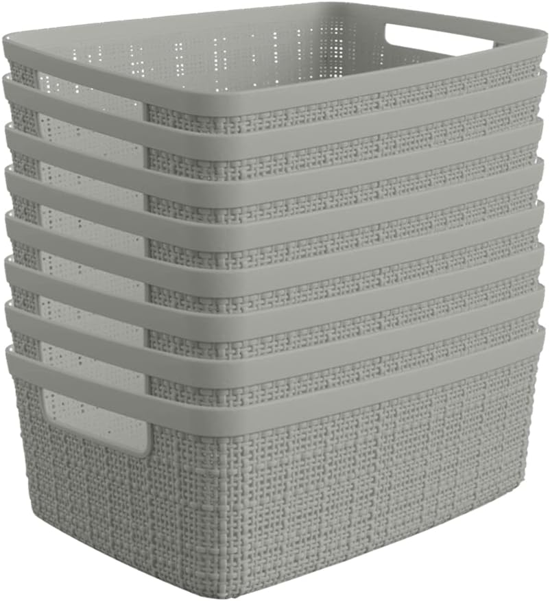 Curver Set of 4 Large 20L Jute Decorative Plastic Organization and Storage Baskets - Perfect Bins for Home Office, Closet Shelves, Kitchen Pantry and All Bedroom Essentials, White