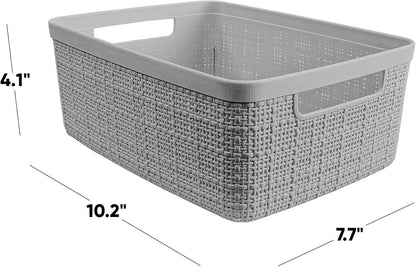 Curver Set of 4 Large 20L Jute Decorative Plastic Organization and Storage Baskets - Perfect Bins for Home Office, Closet Shelves, Kitchen Pantry and All Bedroom Essentials, White