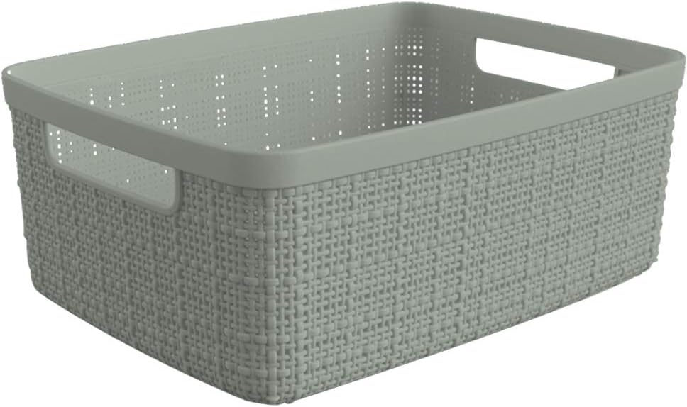 Curver Set of 4 Large 20L Jute Decorative Plastic Organization and Storage Baskets - Perfect Bins for Home Office, Closet Shelves, Kitchen Pantry and All Bedroom Essentials, White