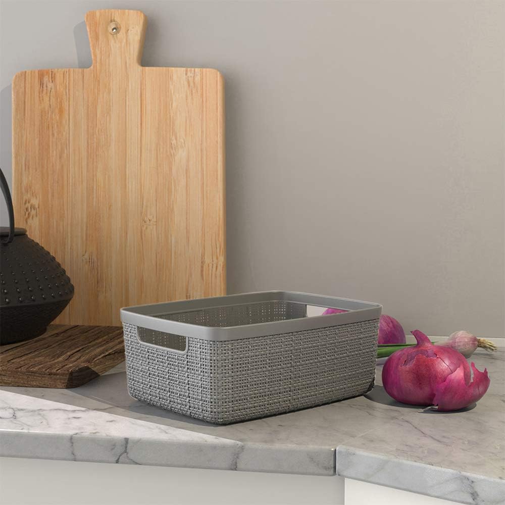 Curver Set of 4 Large 20L Jute Decorative Plastic Organization and Storage Baskets - Perfect Bins for Home Office, Closet Shelves, Kitchen Pantry and All Bedroom Essentials, White