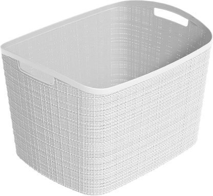 Curver Set of 4 Large 20L Jute Decorative Plastic Organization and Storage Baskets - Perfect Bins for Home Office, Closet Shelves, Kitchen Pantry and All Bedroom Essentials, White