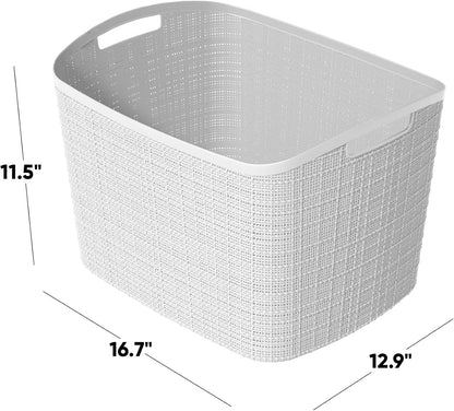 Curver Set of 4 Large 20L Jute Decorative Plastic Organization and Storage Baskets - Perfect Bins for Home Office, Closet Shelves, Kitchen Pantry and All Bedroom Essentials, White