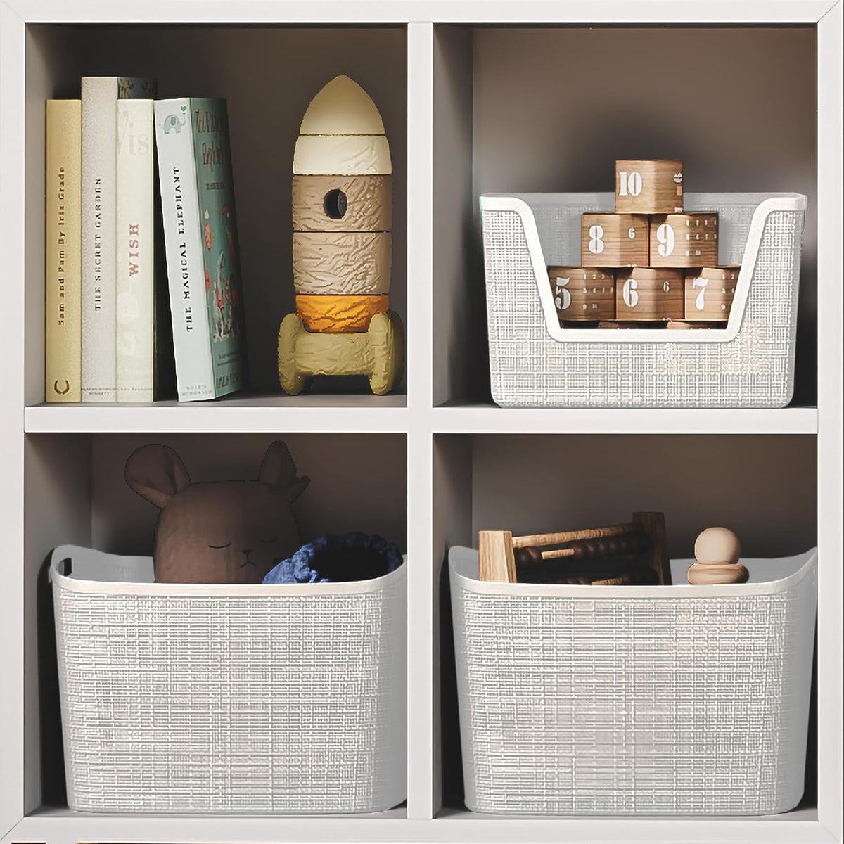 Curver Set of 4 Large 20L Jute Decorative Plastic Organization and Storage Baskets - Perfect Bins for Home Office, Closet Shelves, Kitchen Pantry and All Bedroom Essentials, White
