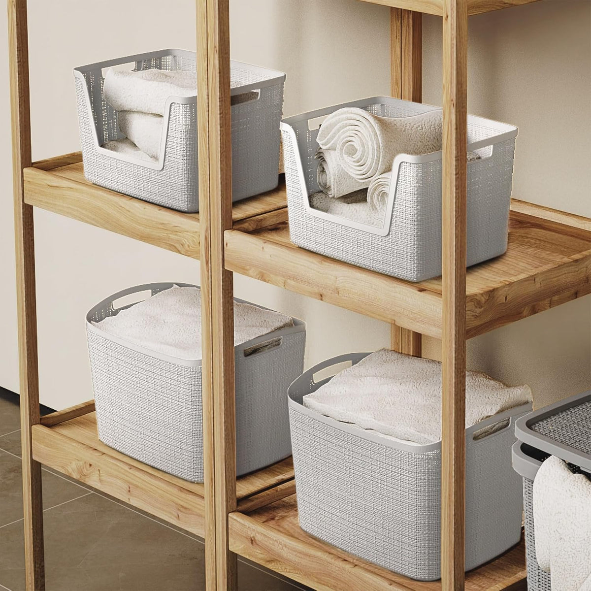 Curver Set of 4 Large 20L Jute Decorative Plastic Organization and Storage Baskets - Perfect Bins for Home Office, Closet Shelves, Kitchen Pantry and All Bedroom Essentials, White