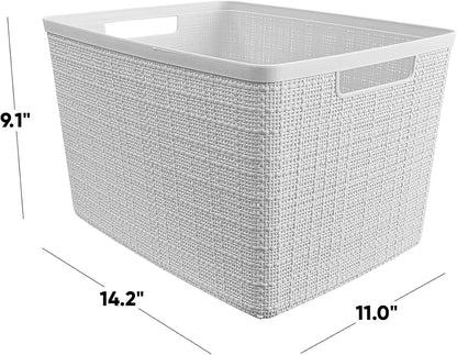Curver Set of 4 Large 20L Jute Decorative Plastic Organization and Storage Baskets - Perfect Bins for Home Office, Closet Shelves, Kitchen Pantry and All Bedroom Essentials, White