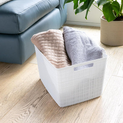 Curver Set of 4 Large 20L Jute Decorative Plastic Organization and Storage Baskets - Perfect Bins for Home Office, Closet Shelves, Kitchen Pantry and All Bedroom Essentials, White