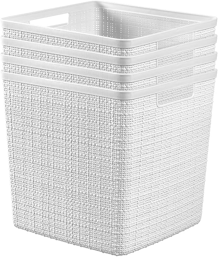 Curver Set of 4 Large 20L Jute Decorative Plastic Organization and Storage Baskets - Perfect Bins for Home Office, Closet Shelves, Kitchen Pantry and All Bedroom Essentials, White