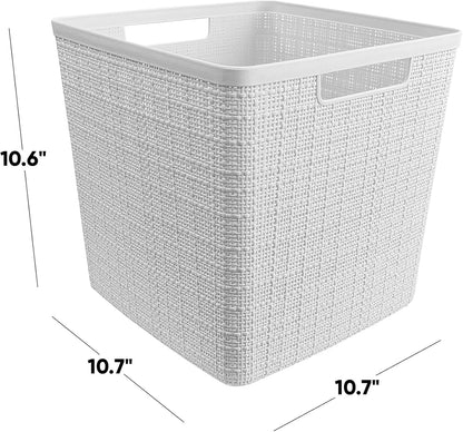 Curver Set of 4 Large 20L Jute Decorative Plastic Organization and Storage Baskets - Perfect Bins for Home Office, Closet Shelves, Kitchen Pantry and All Bedroom Essentials, White