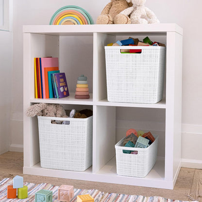 Curver Set of 4 Large 20L Jute Decorative Plastic Organization and Storage Baskets - Perfect Bins for Home Office, Closet Shelves, Kitchen Pantry and All Bedroom Essentials, White