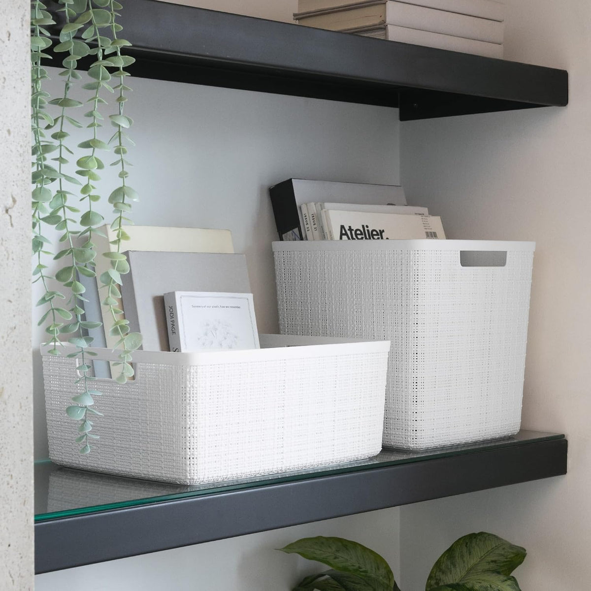 Curver Set of 4 Large 20L Jute Decorative Plastic Organization and Storage Baskets - Perfect Bins for Home Office, Closet Shelves, Kitchen Pantry and All Bedroom Essentials, White