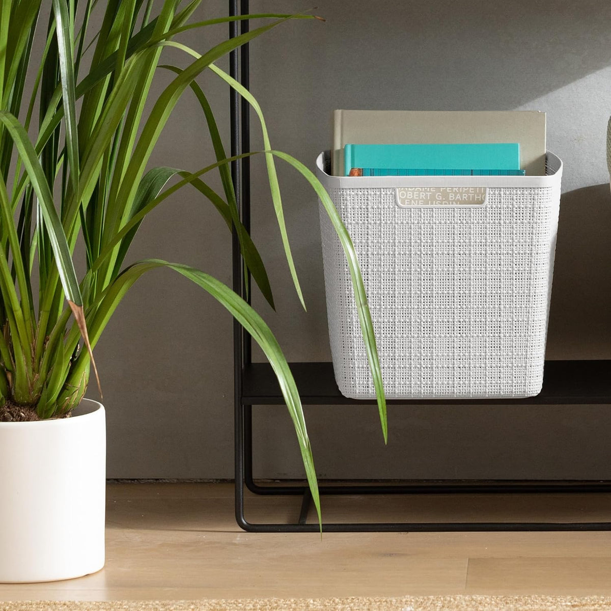 Curver Set of 4 Large 20L Jute Decorative Plastic Organization and Storage Baskets - Perfect Bins for Home Office, Closet Shelves, Kitchen Pantry and All Bedroom Essentials, White