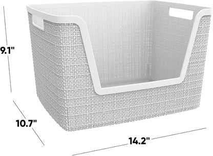Curver Set of 4 Large 20L Jute Decorative Plastic Organization and Storage Baskets - Perfect Bins for Home Office, Closet Shelves, Kitchen Pantry and All Bedroom Essentials, White