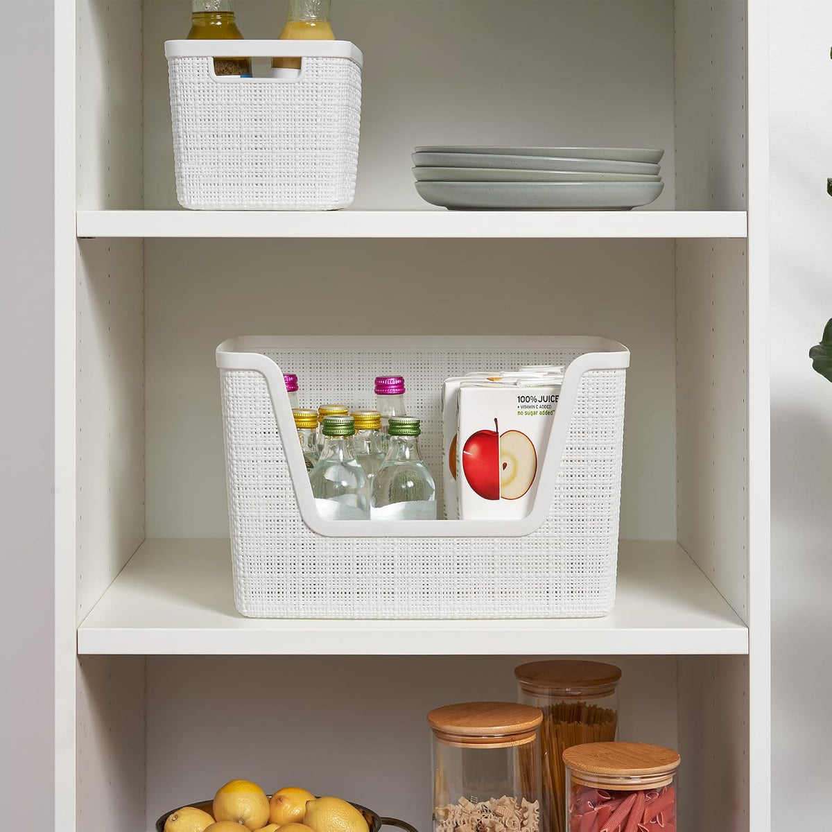 Curver Set of 4 Large 20L Jute Decorative Plastic Organization and Storage Baskets - Perfect Bins for Home Office, Closet Shelves, Kitchen Pantry and All Bedroom Essentials, White