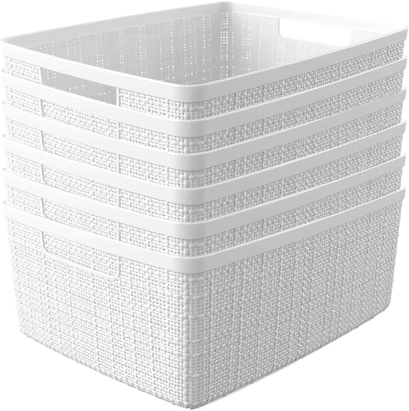 Curver Set of 4 Large 20L Jute Decorative Plastic Organization and Storage Baskets - Perfect Bins for Home Office, Closet Shelves, Kitchen Pantry and All Bedroom Essentials, White