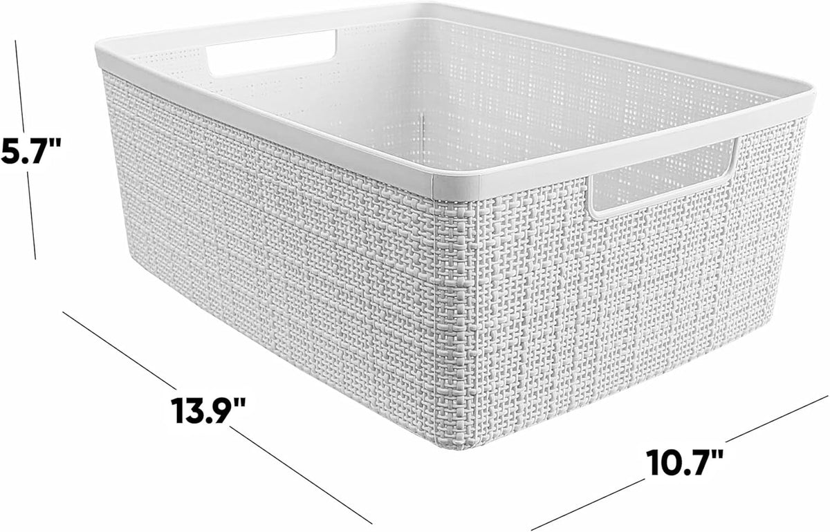 Curver Set of 4 Large 20L Jute Decorative Plastic Organization and Storage Baskets - Perfect Bins for Home Office, Closet Shelves, Kitchen Pantry and All Bedroom Essentials, White