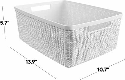 Curver Set of 4 Large 20L Jute Decorative Plastic Organization and Storage Baskets - Perfect Bins for Home Office, Closet Shelves, Kitchen Pantry and All Bedroom Essentials, White