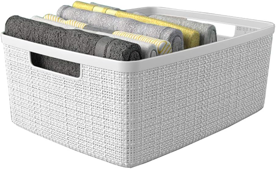 Curver Set of 4 Large 20L Jute Decorative Plastic Organization and Storage Baskets - Perfect Bins for Home Office, Closet Shelves, Kitchen Pantry and All Bedroom Essentials, White