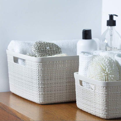 Curver Set of 4 Large 20L Jute Decorative Plastic Organization and Storage Baskets - Perfect Bins for Home Office, Closet Shelves, Kitchen Pantry and All Bedroom Essentials, White