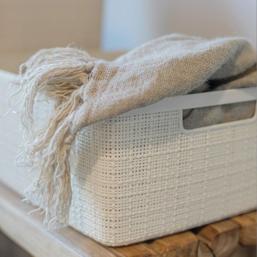 Curver Set of 4 Large 20L Jute Decorative Plastic Organization and Storage Baskets - Perfect Bins for Home Office, Closet Shelves, Kitchen Pantry and All Bedroom Essentials, White