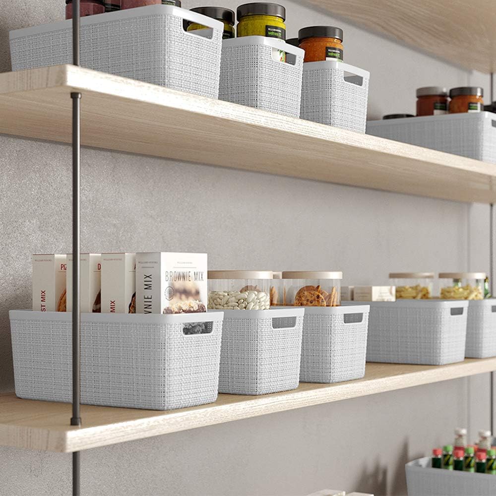 Curver Set of 4 Large 20L Jute Decorative Plastic Organization and Storage Baskets - Perfect Bins for Home Office, Closet Shelves, Kitchen Pantry and All Bedroom Essentials, White