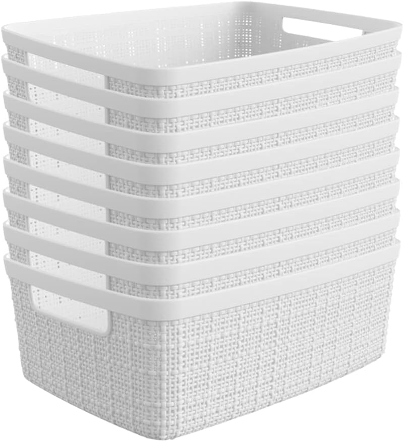 Curver Set of 4 Large 20L Jute Decorative Plastic Organization and Storage Baskets - Perfect Bins for Home Office, Closet Shelves, Kitchen Pantry and All Bedroom Essentials, White