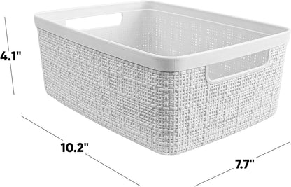 Curver Set of 4 Large 20L Jute Decorative Plastic Organization and Storage Baskets - Perfect Bins for Home Office, Closet Shelves, Kitchen Pantry and All Bedroom Essentials, White
