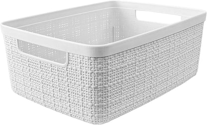 Curver Set of 4 Large 20L Jute Decorative Plastic Organization and Storage Baskets - Perfect Bins for Home Office, Closet Shelves, Kitchen Pantry and All Bedroom Essentials, White