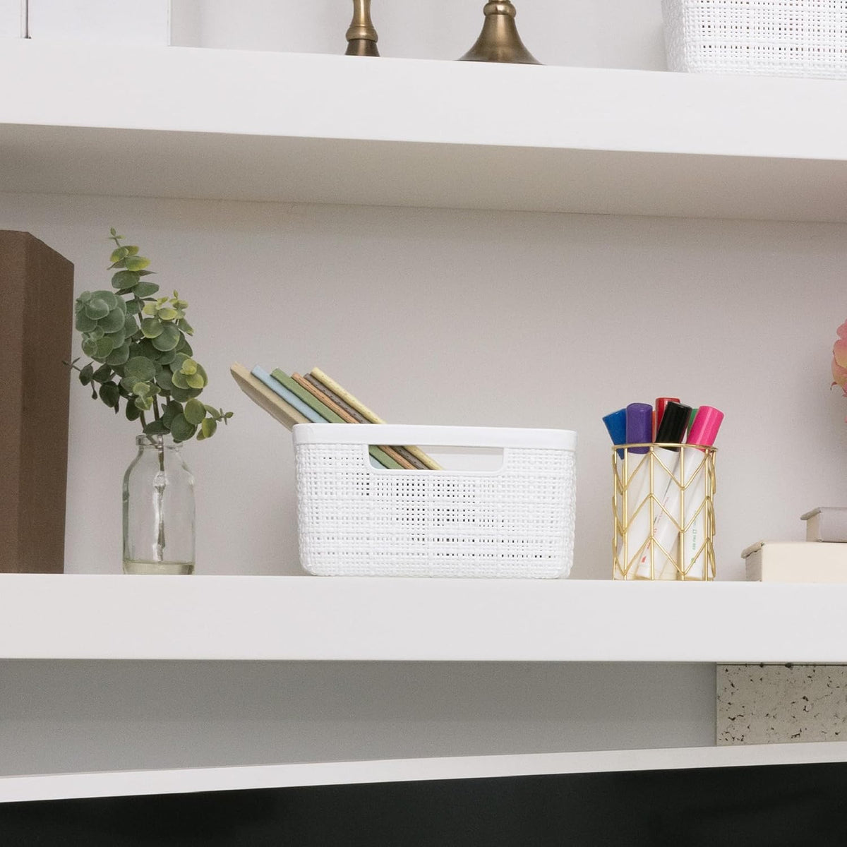 Curver Set of 4 Large 20L Jute Decorative Plastic Organization and Storage Baskets - Perfect Bins for Home Office, Closet Shelves, Kitchen Pantry and All Bedroom Essentials, White