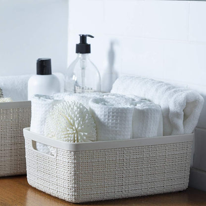 Curver Set of 4 Large 20L Jute Decorative Plastic Organization and Storage Baskets - Perfect Bins for Home Office, Closet Shelves, Kitchen Pantry and All Bedroom Essentials, White