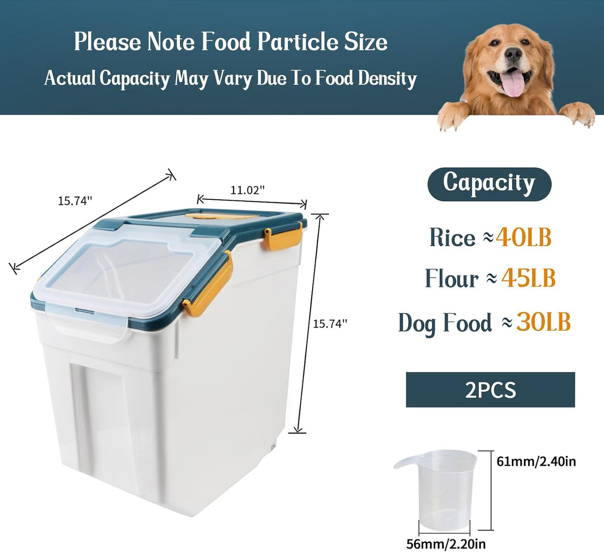 2 Pack 50 lb Airtight Flour Storage Containers with Wheels, Blue