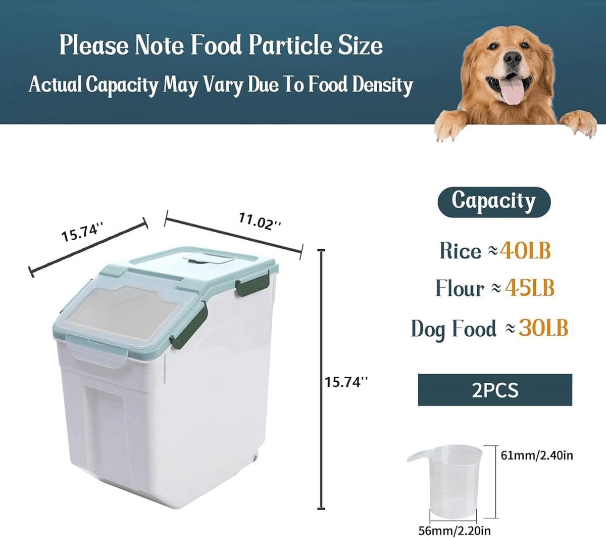2 Pack 50 lb Airtight Flour Storage Containers with Wheels, Blue