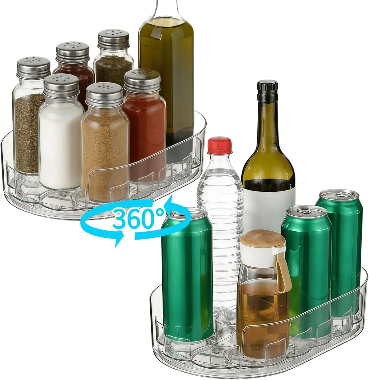 2 Pcs Lazy Susan Turntable for Refrigerator, 360° Rotating Clear Refrigerator Organizers and Storage, 3.5 x 8.5 in Oval Condiment Organizer Rack, Ideal for Countertop, Cabinet, Pantry & Dining Table
