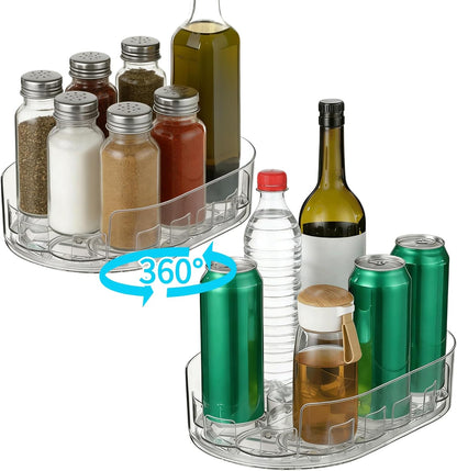 2 Pcs Lazy Susan Turntable for Refrigerator, 360° Rotating Clear Refrigerator Organizers and Storage, 3.5 x 8.5 in Oval Condiment Organizer Rack, Ideal for Countertop, Cabinet, Pantry & Dining Table