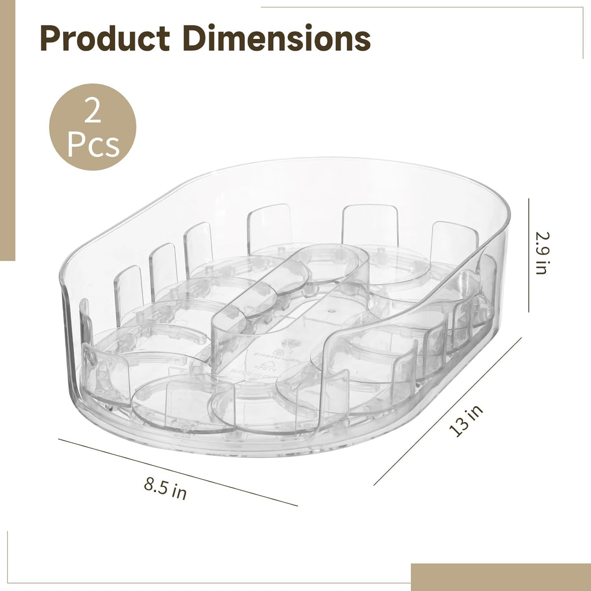 2 Pcs Lazy Susan Turntable for Refrigerator, 360° Rotating Clear Refrigerator Organizers and Storage, 3.5 x 8.5 in Oval Condiment Organizer Rack, Ideal for Countertop, Cabinet, Pantry & Dining Table