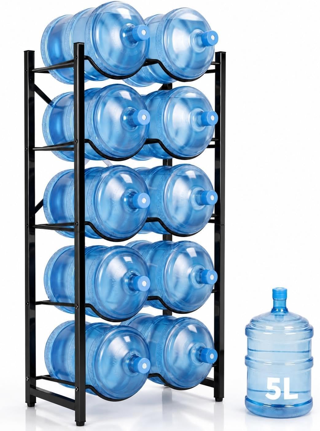 5 Gallon Water Bottle Holder for 5 Bottles,5 Tiers Single Row,Black