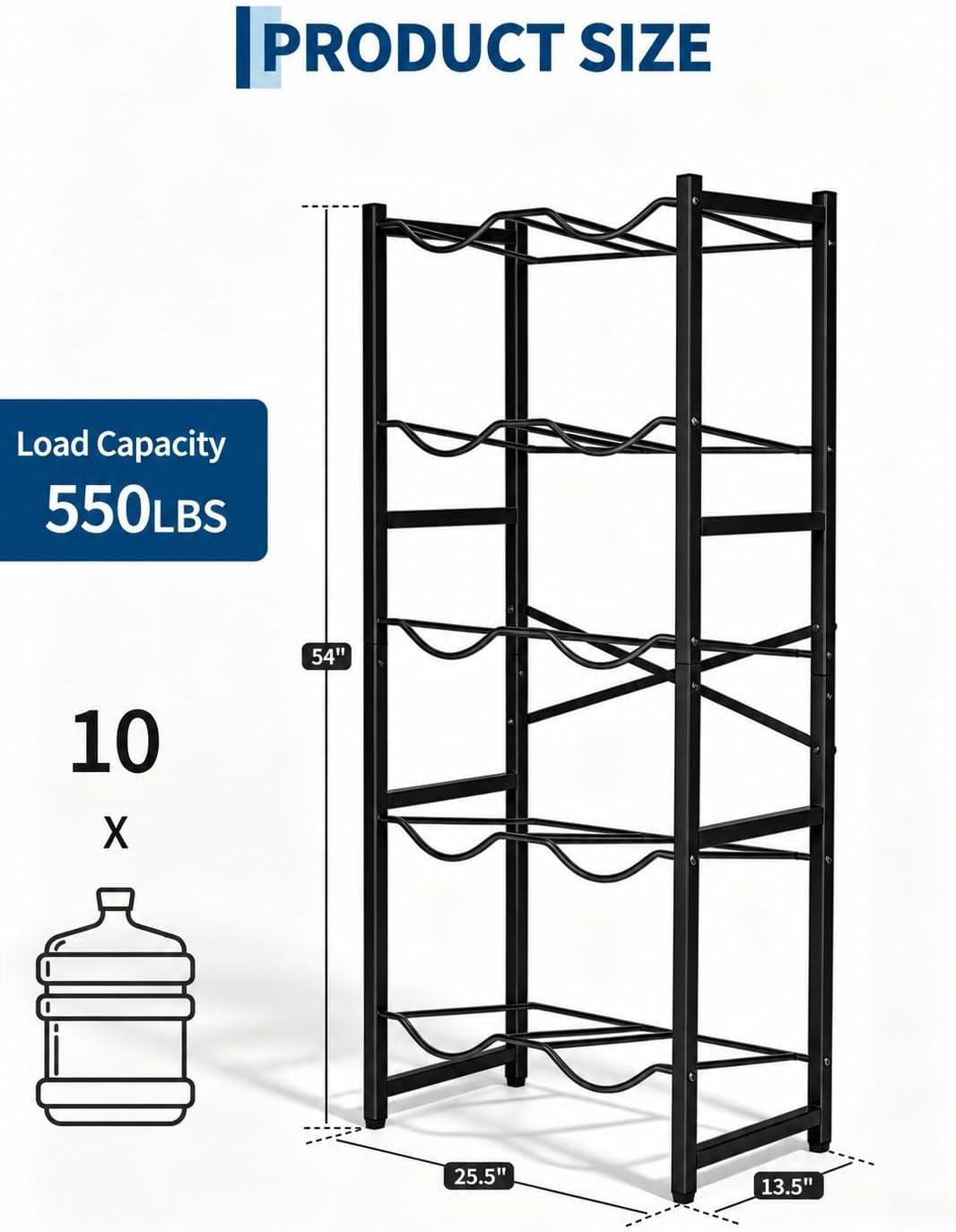 5 Gallon Water Bottle Holder for 5 Bottles,5 Tiers Single Row,Black
