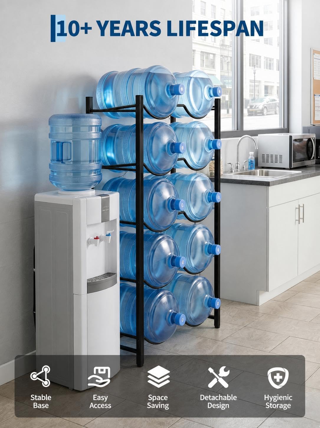 5 Gallon Water Bottle Holder for 5 Bottles,5 Tiers Single Row,Black