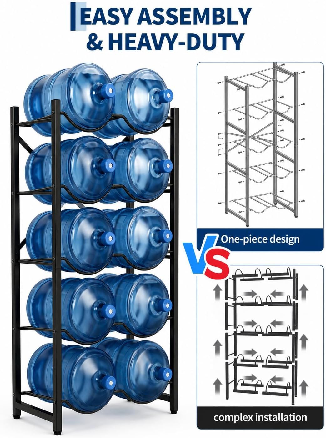 5 Gallon Water Bottle Holder for 5 Bottles,5 Tiers Single Row,Black