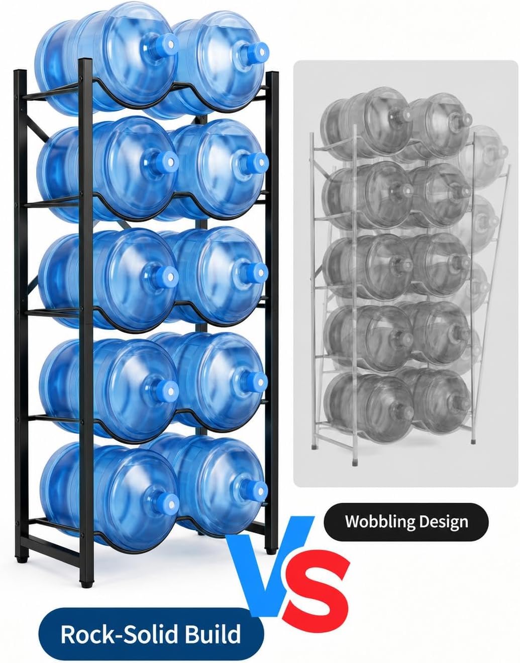 5 Gallon Water Bottle Holder for 5 Bottles,5 Tiers Single Row,Black