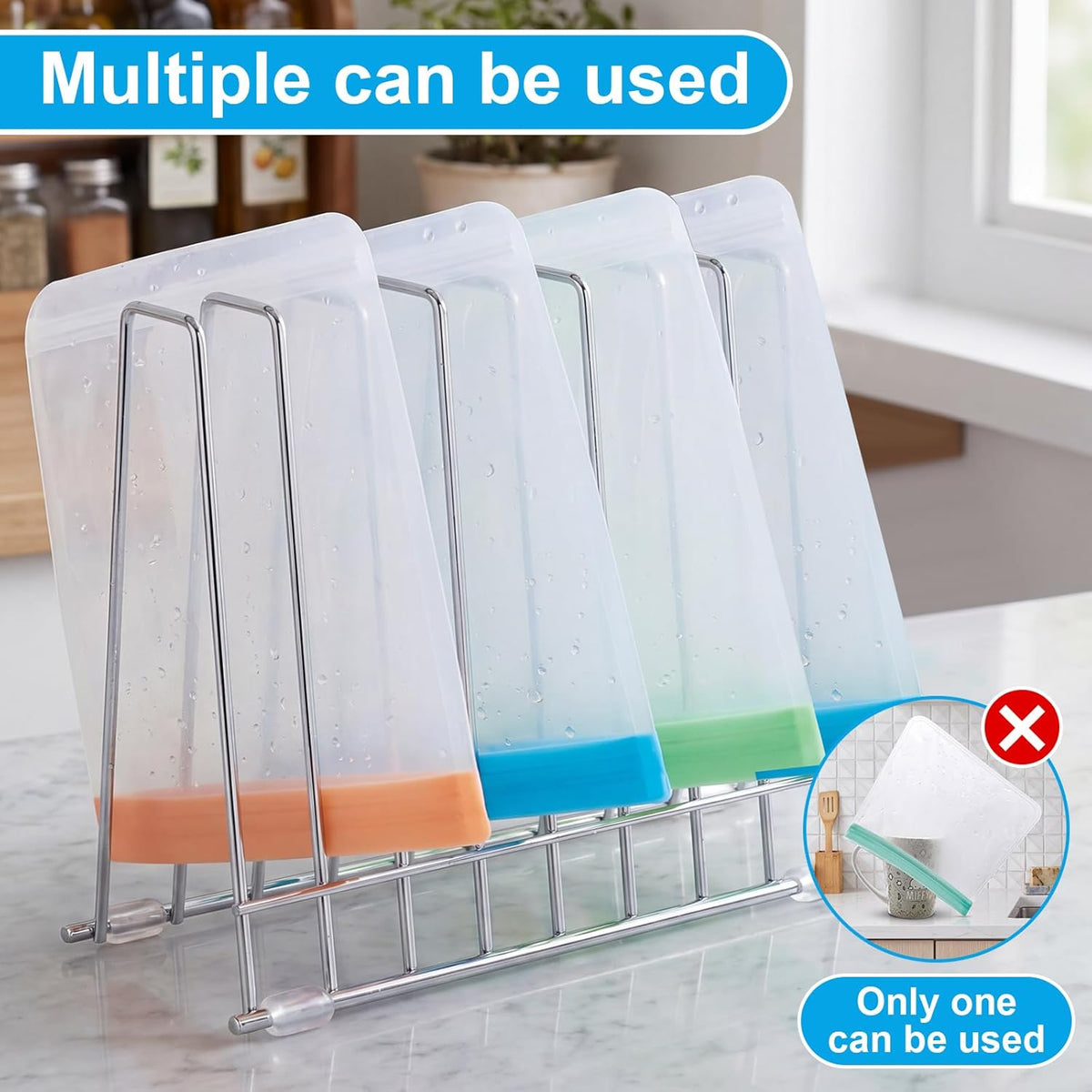 2 Pack Reusable Bags Drying Rack, Stainless Steel Dryer Stand for Silicone Gallon, Freezer, Plastic, Snack, Sandwich Bags, Kitchen Countertop Storage Organizer & Desktop File Holder