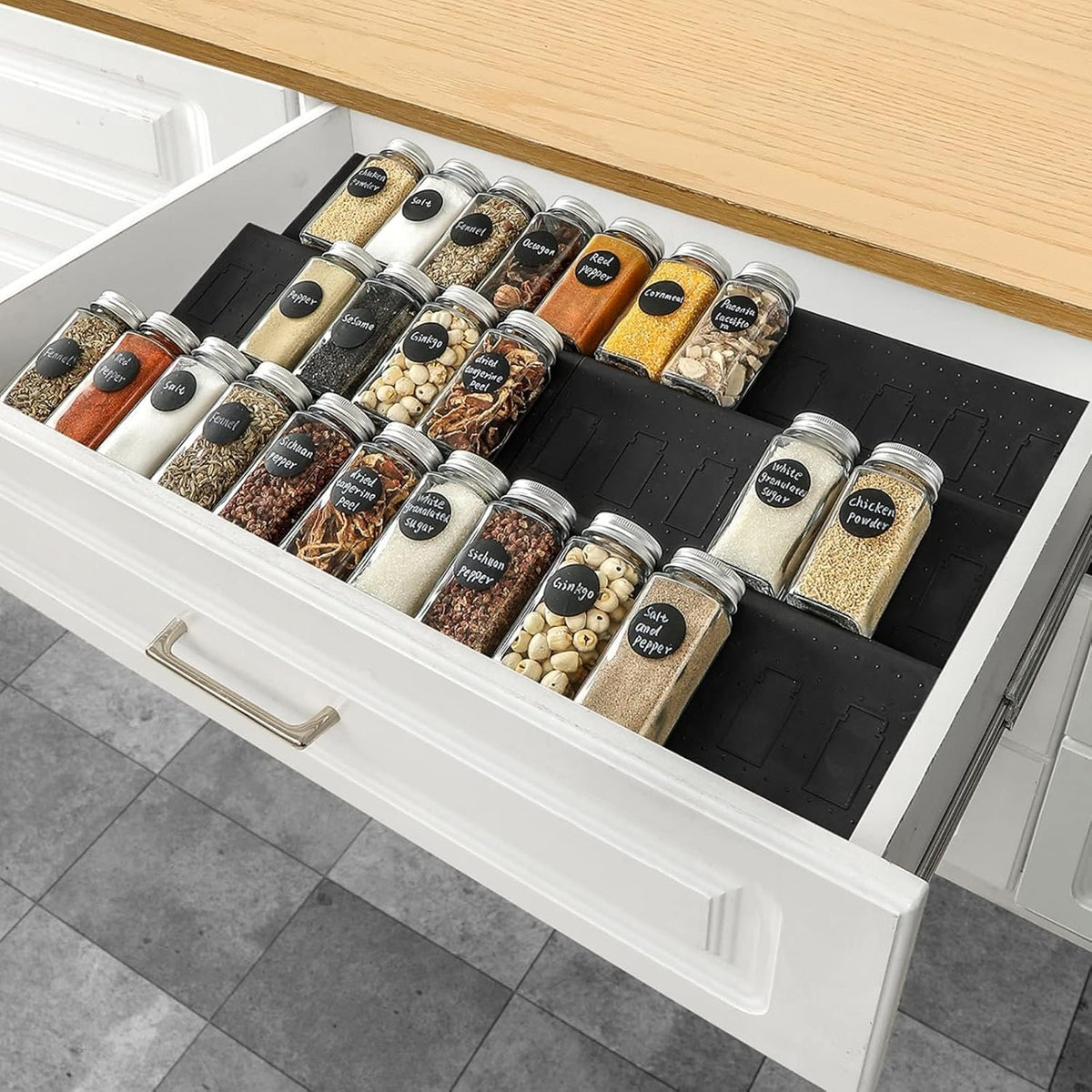 Spice Drawer Organizer, Interlocking Expandable Seasoning Rack Tray Insert for Kitchen Drawers, Spice Rack Drawer for Spice Jars