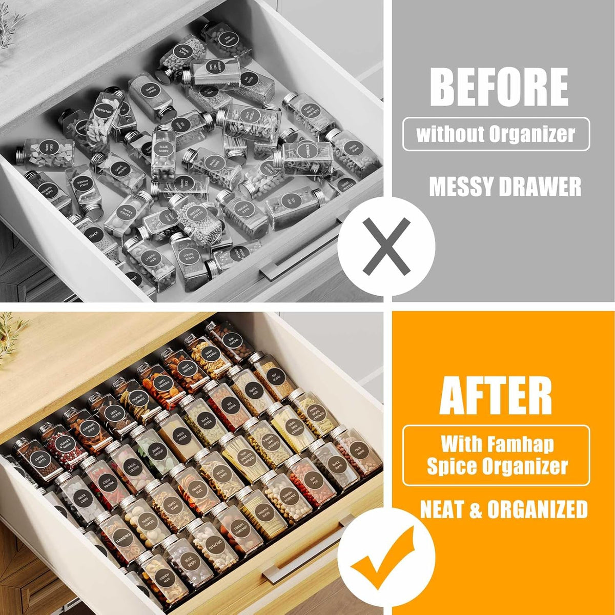 Spice Drawer Organizer, Interlocking Expandable Seasoning Rack Tray Insert for Kitchen Drawers, Spice Rack Drawer for Spice Jars