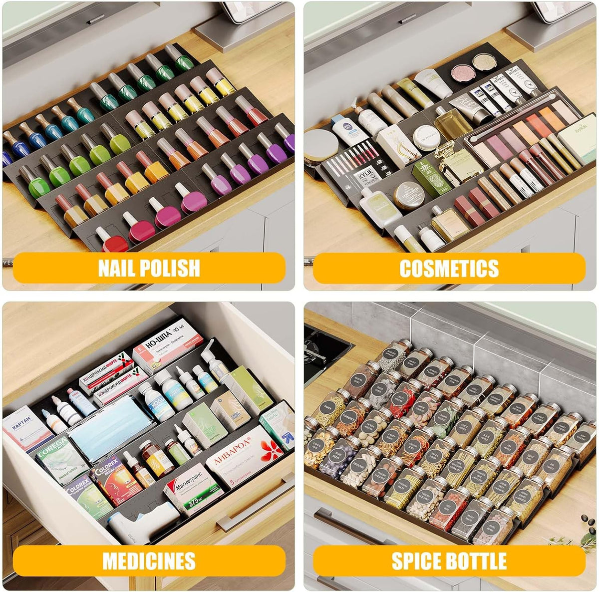 Spice Drawer Organizer, Interlocking Expandable Seasoning Rack Tray Insert for Kitchen Drawers, Spice Rack Drawer for Spice Jars