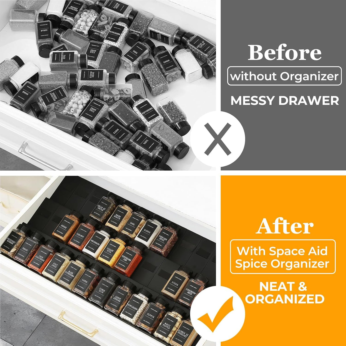 Spice Drawer Organizer, Interlocking Expandable Seasoning Rack Tray Insert for Kitchen Drawers, Spice Rack Drawer for Spice Jars