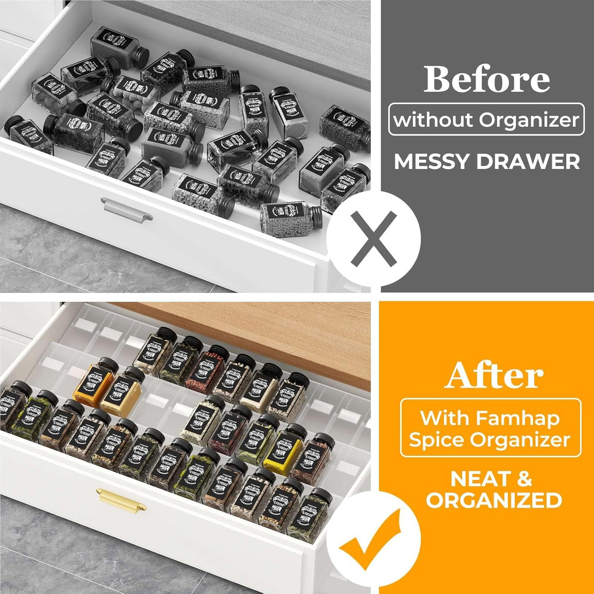 Spice Drawer Organizer, Interlocking Expandable Seasoning Rack Tray Insert for Kitchen Drawers, Spice Rack Drawer for Spice Jars