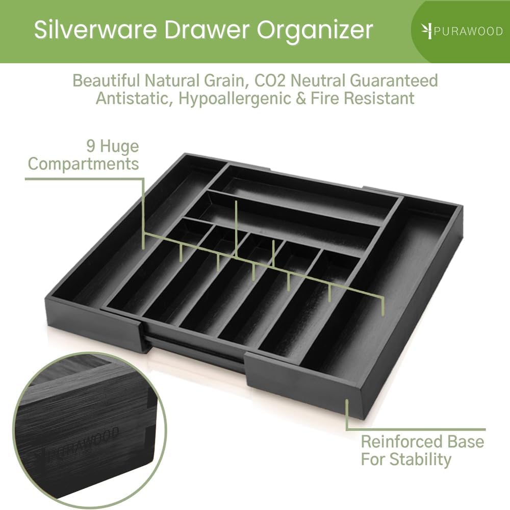 Bamboo Drawer Organizer - Expandable Silverware Organizer & Utensil Drawer Organizer, Cutlery Tray with Dividers, 7-9 Slots- Kitchen Organizer for Utensils & Flatware (Natural)