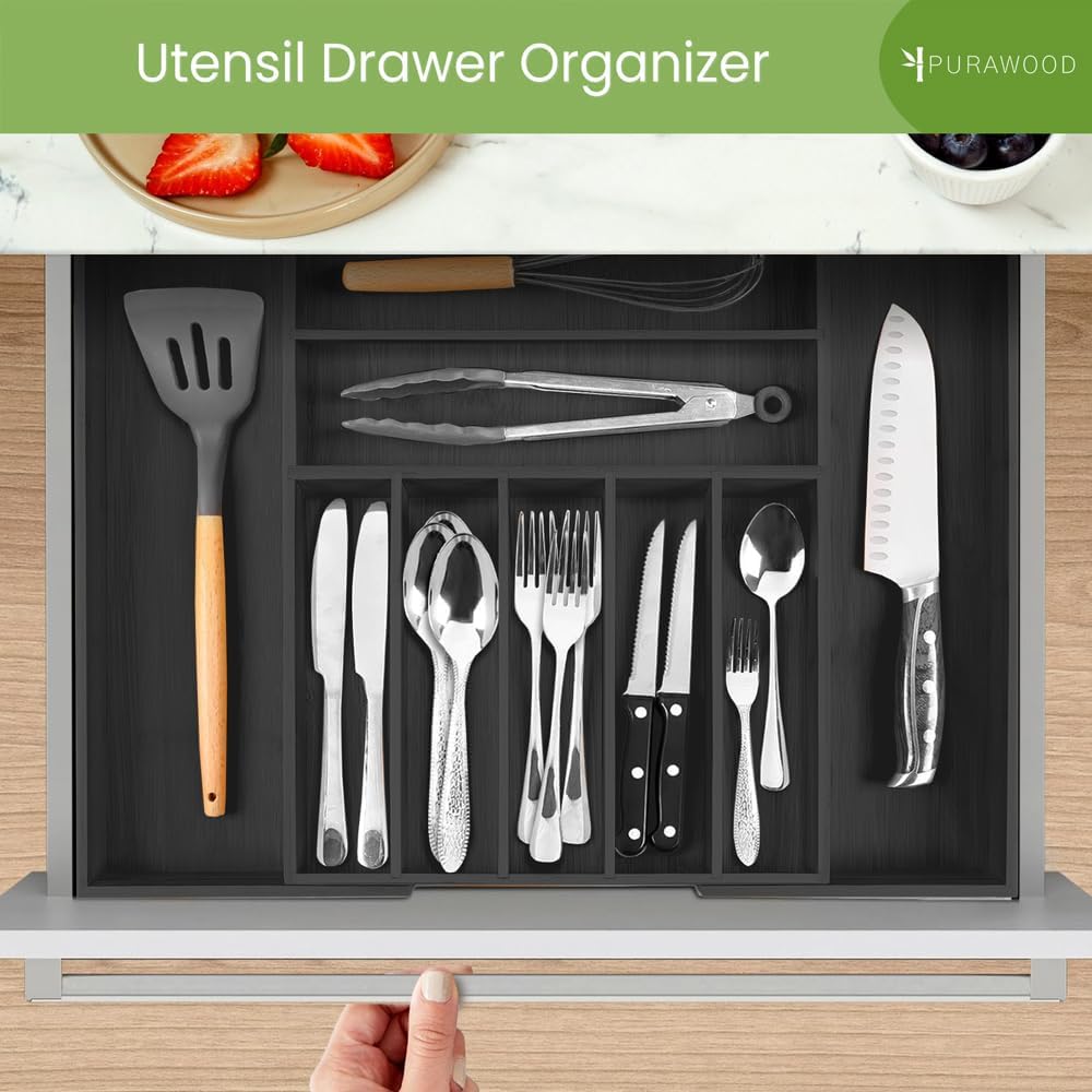 Bamboo Drawer Organizer - Expandable Silverware Organizer & Utensil Drawer Organizer, Cutlery Tray with Dividers, 7-9 Slots- Kitchen Organizer for Utensils & Flatware (Natural)