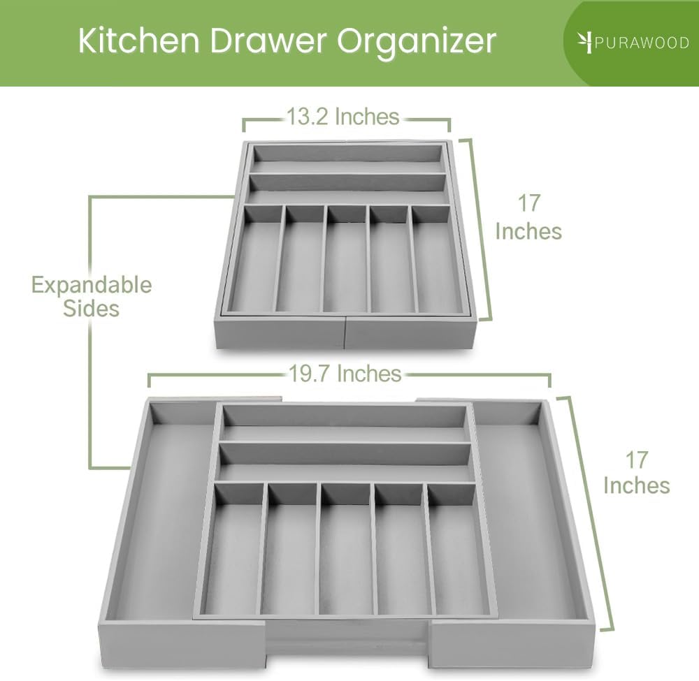 Bamboo Drawer Organizer - Expandable Silverware Organizer & Utensil Drawer Organizer, Cutlery Tray with Dividers, 7-9 Slots- Kitchen Organizer for Utensils & Flatware (Natural)